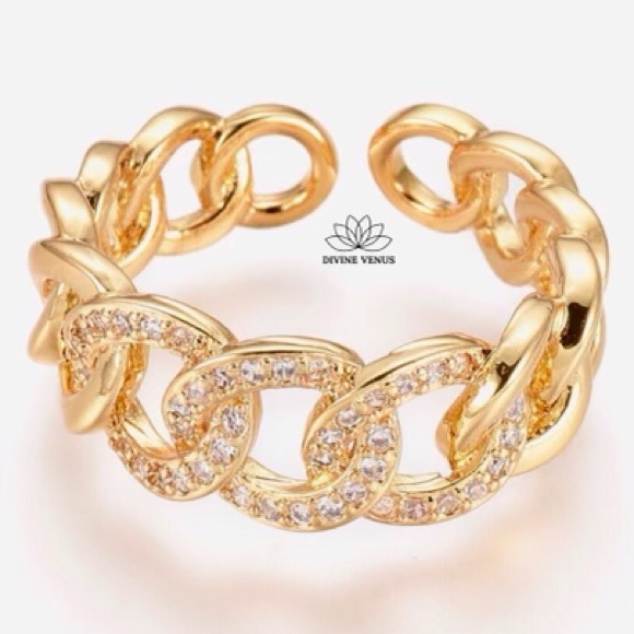 Open Cuff Ring Gold Plated Brass & Cubic Zirconia - Picture 2 of 3